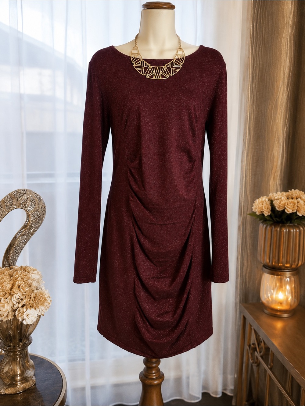 Express Long-Sleeve Ruched Dress in Burgundy Wine